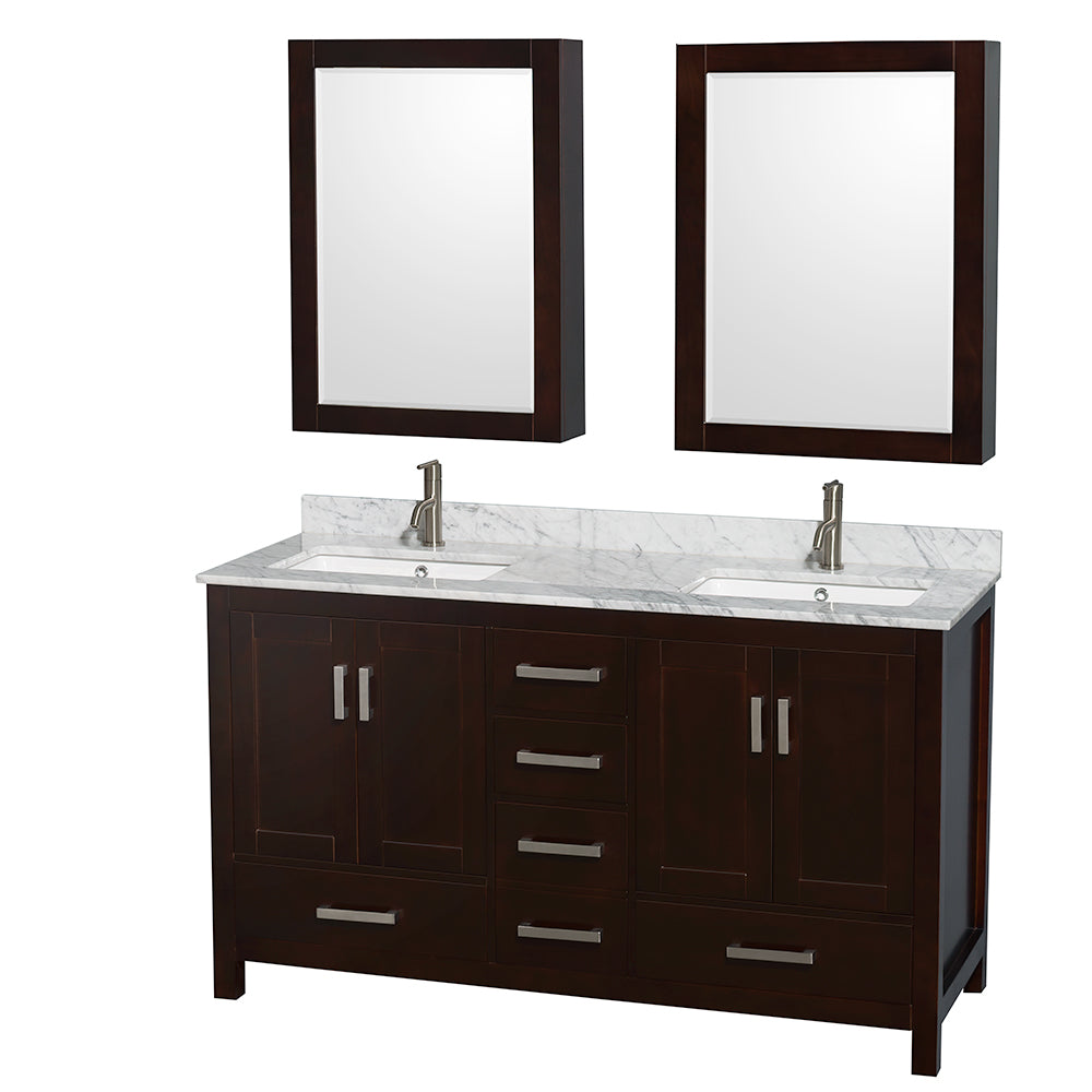 Sheffield 60 inch Double Bathroom Vanity in Espresso, White Carrara Marble Countertop, Undermount Square Sinks, and Medicine Cabinets