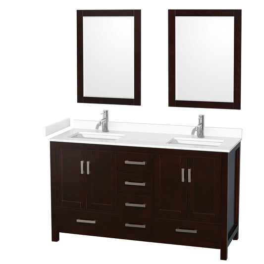 Sheffield 60" Double Vanity in Espresso, White Marble Top, Square 24" Mirrors