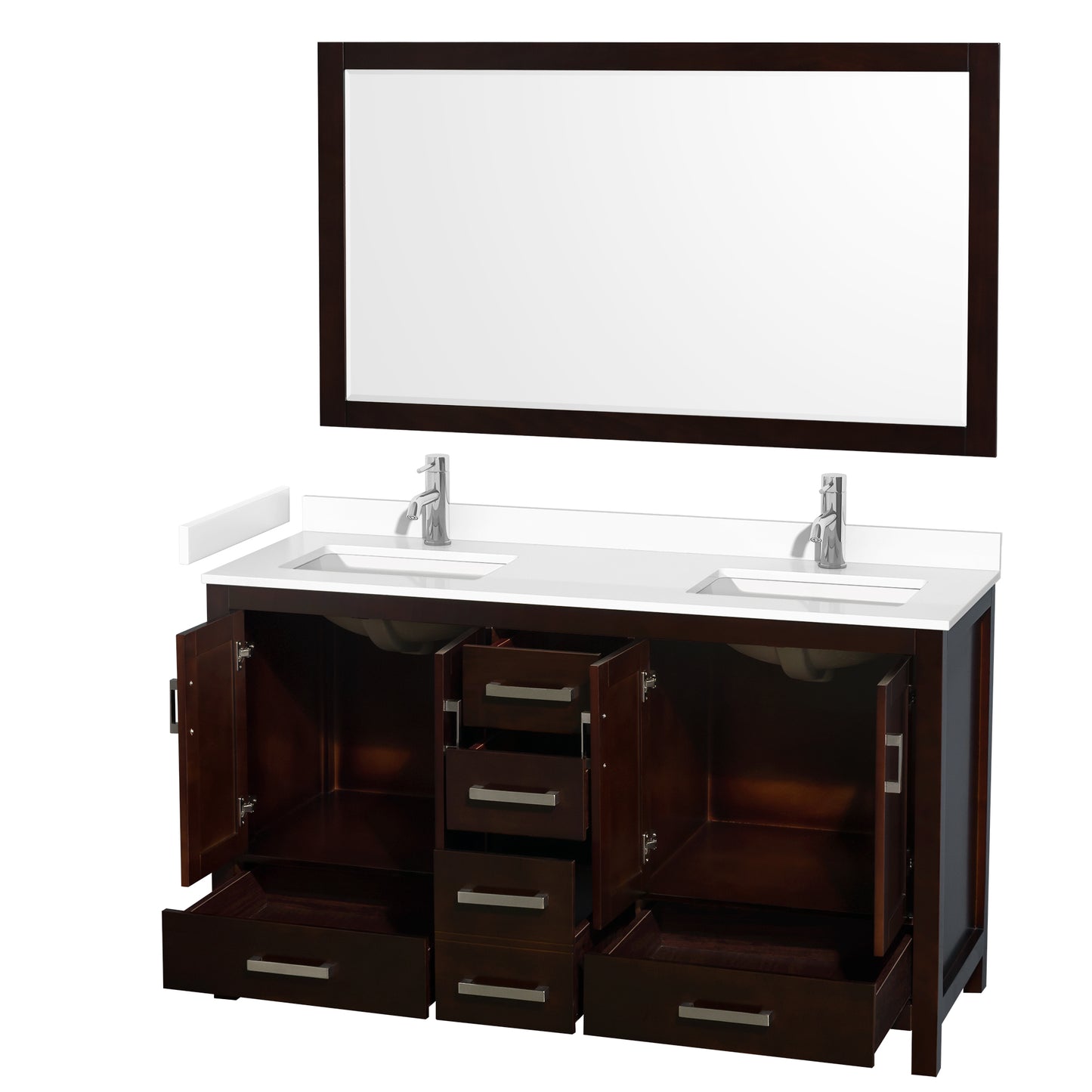 Sheffield 60" Double Vanity in Espresso, White Marble Top, Square 58" Mirror
