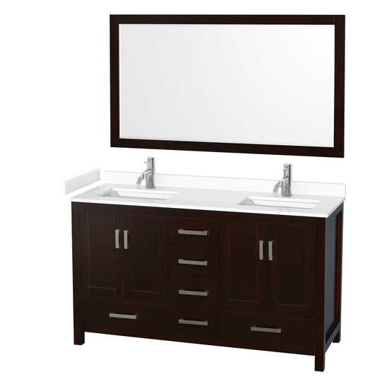 Sheffield 60" Double Vanity in Espresso, White Marble Top, Square 58" Mirror