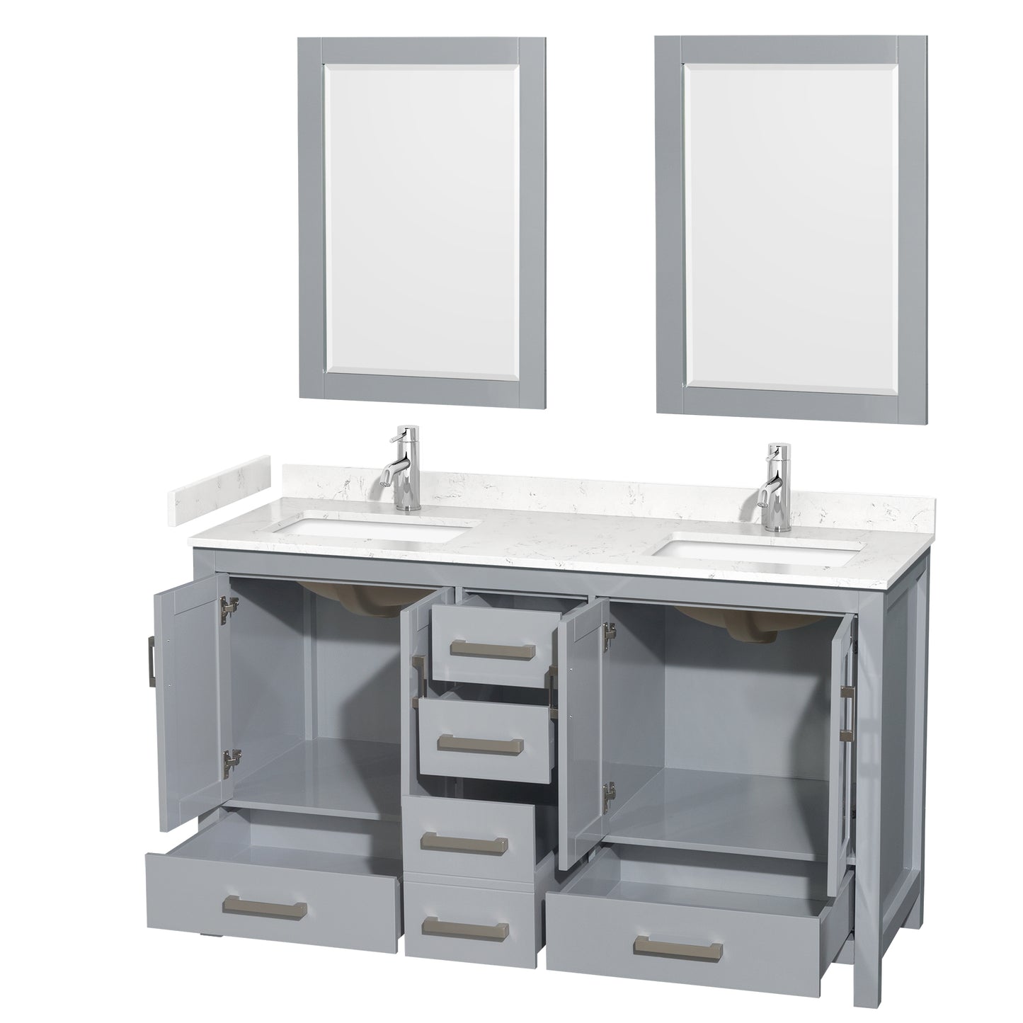 Sheffield 60" Double Vanity in Gray, Carrara Marble Top, Square 24" Mirrors