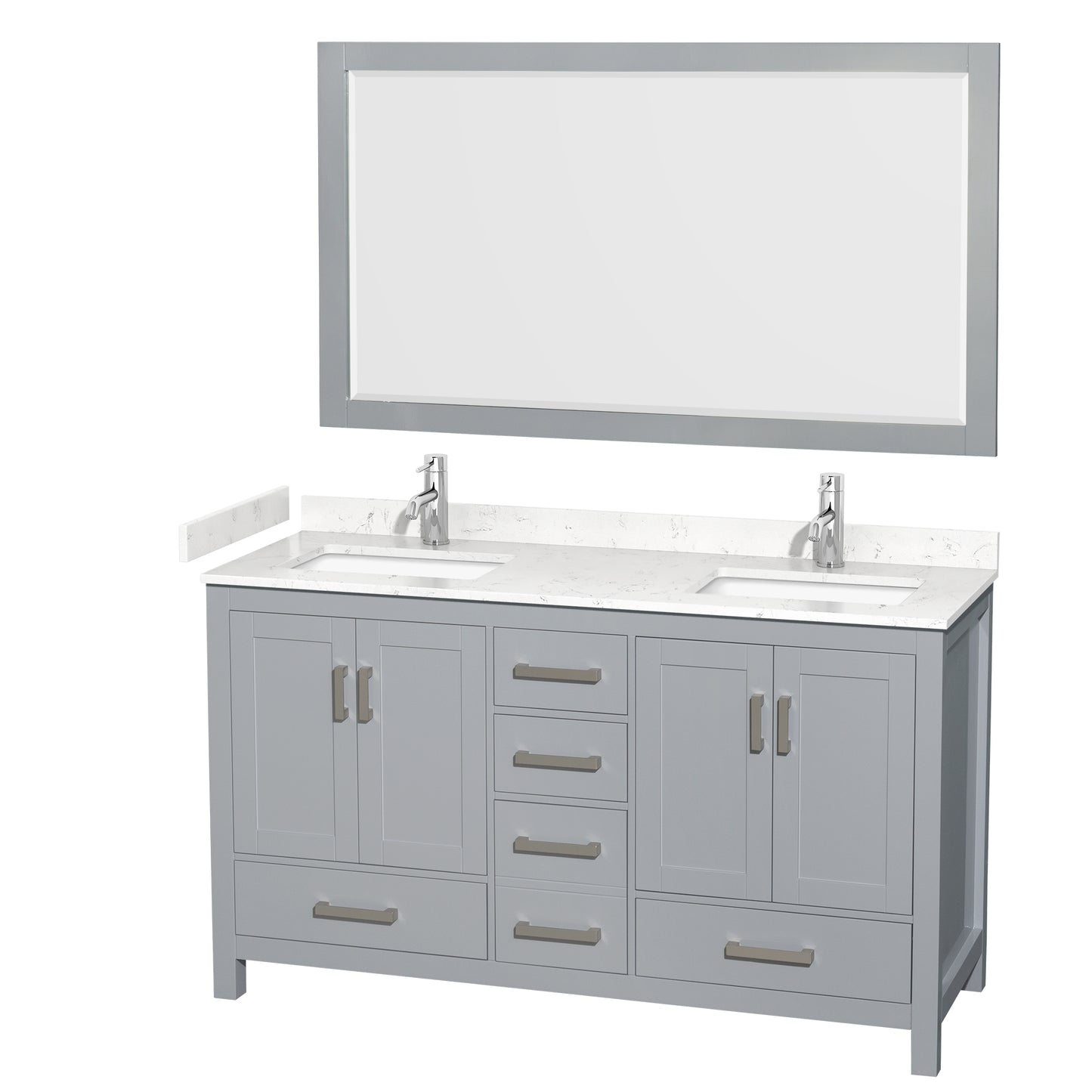 Sheffield 60" Double Vanity in Gray, Carrara Marble Top, Square 58" Mirror