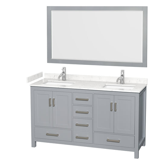Sheffield 60" Double Vanity in Gray, Carrara Marble Top, Square 58" Mirror