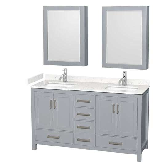 Sheffield 60" Double Vanity in Gray, Carrara Marble Top, Medicine Cabinets