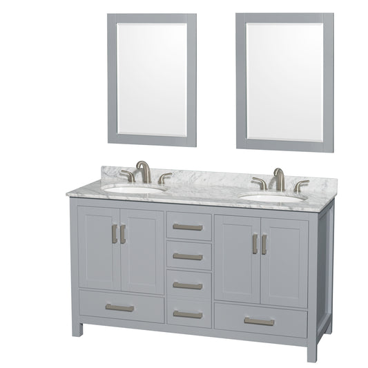 Sheffield 60 inch Double Bathroom Vanity in Gray, White Carrara Marble Countertop, Undermount Oval Sinks, and 24 inch Mirrors