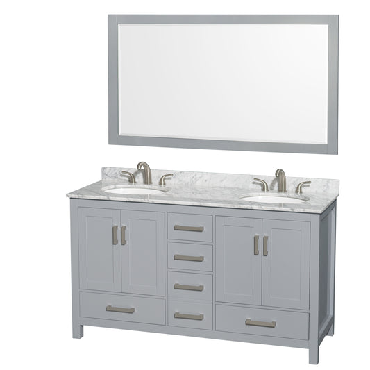 Sheffield 60 inch Double Bathroom Vanity in Gray, White Carrara Marble Countertop, Undermount Oval Sinks, and 58 inch Mirror