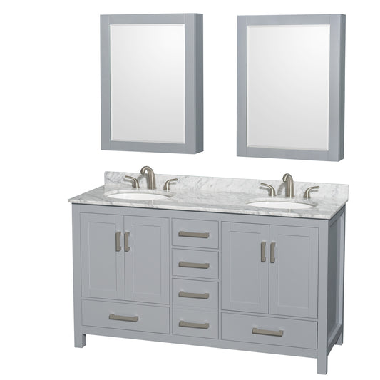 Sheffield 60 inch Double Bathroom Vanity in Gray, White Carrara Marble Countertop, Undermount Oval Sinks, and Medicine Cabinets