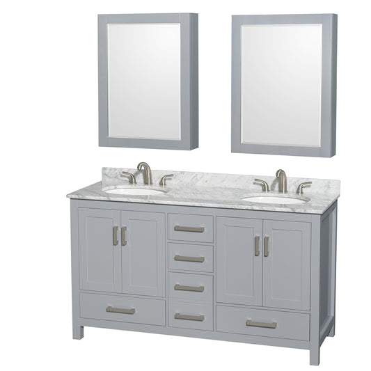 Sheffield 60" Double Vanity in Gray, Top, Oval Sinks, Medicine Cabinets
