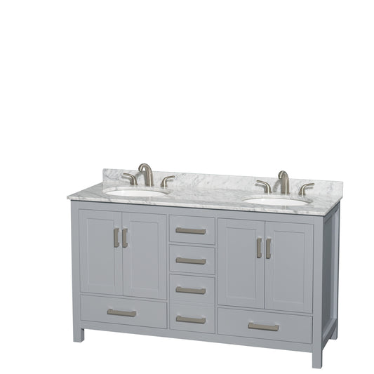 Sheffield 60 inch Double Bathroom Vanity in Gray, White Carrara Marble Countertop, Undermount Oval Sinks, and No Mirror