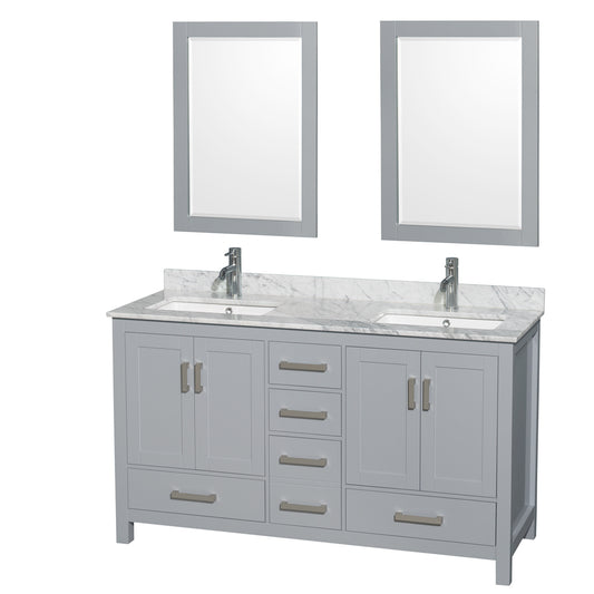 Sheffield 60 inch Double Bathroom Vanity in Gray, White Carrara Marble Countertop, Undermount Square Sinks, and 24 inch Mirrors