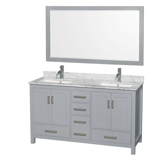 Sheffield 60 inch Double Bathroom Vanity in Gray, White Carrara Marble Countertop, Undermount Square Sinks, and 58 inch Mirror