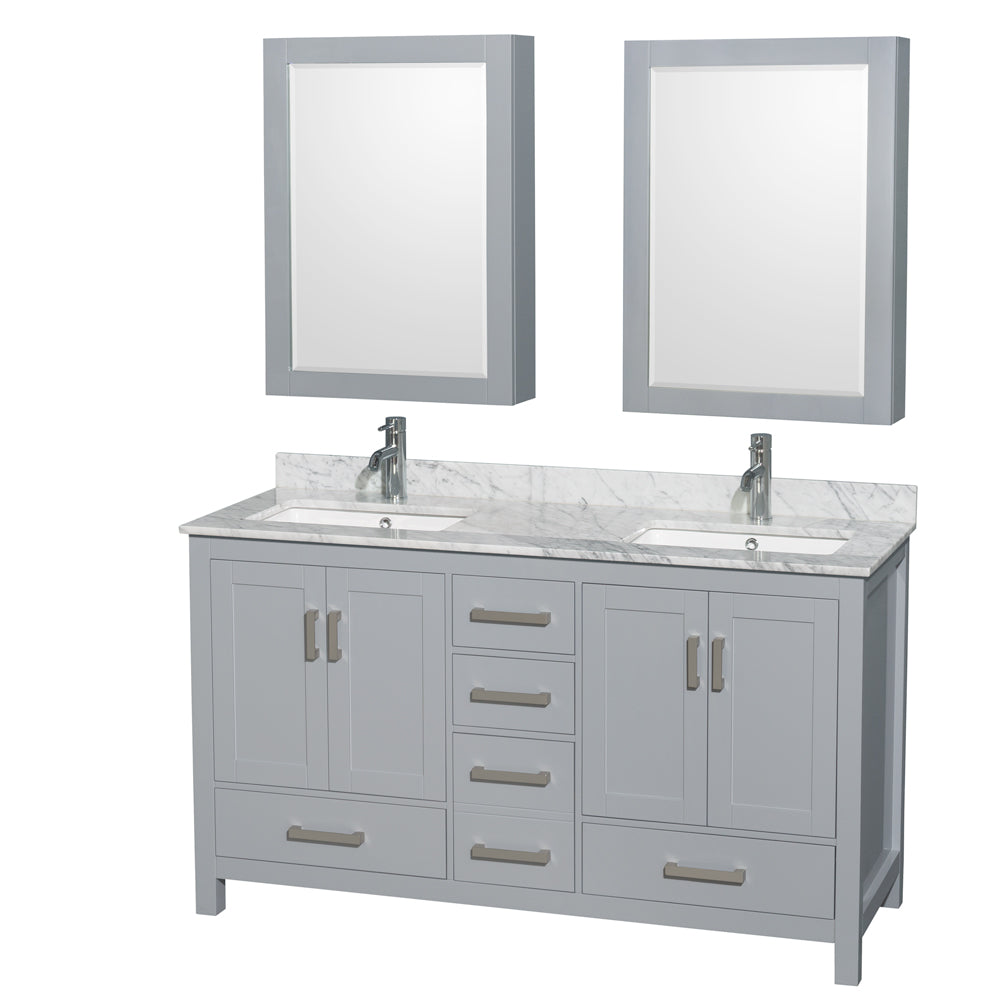 Sheffield 60 inch Double Bathroom Vanity in Gray, White Carrara Marble Countertop, Undermount Square Sinks, and Medicine Cabinets