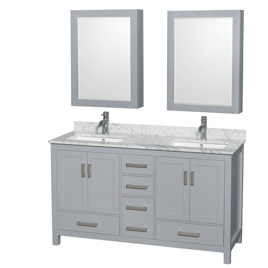 Sheffield 60 inch Double Bathroom Vanity in Gray, White Carrara Marble Countertop, Undermount Square Sinks, and Medicine Cabinets