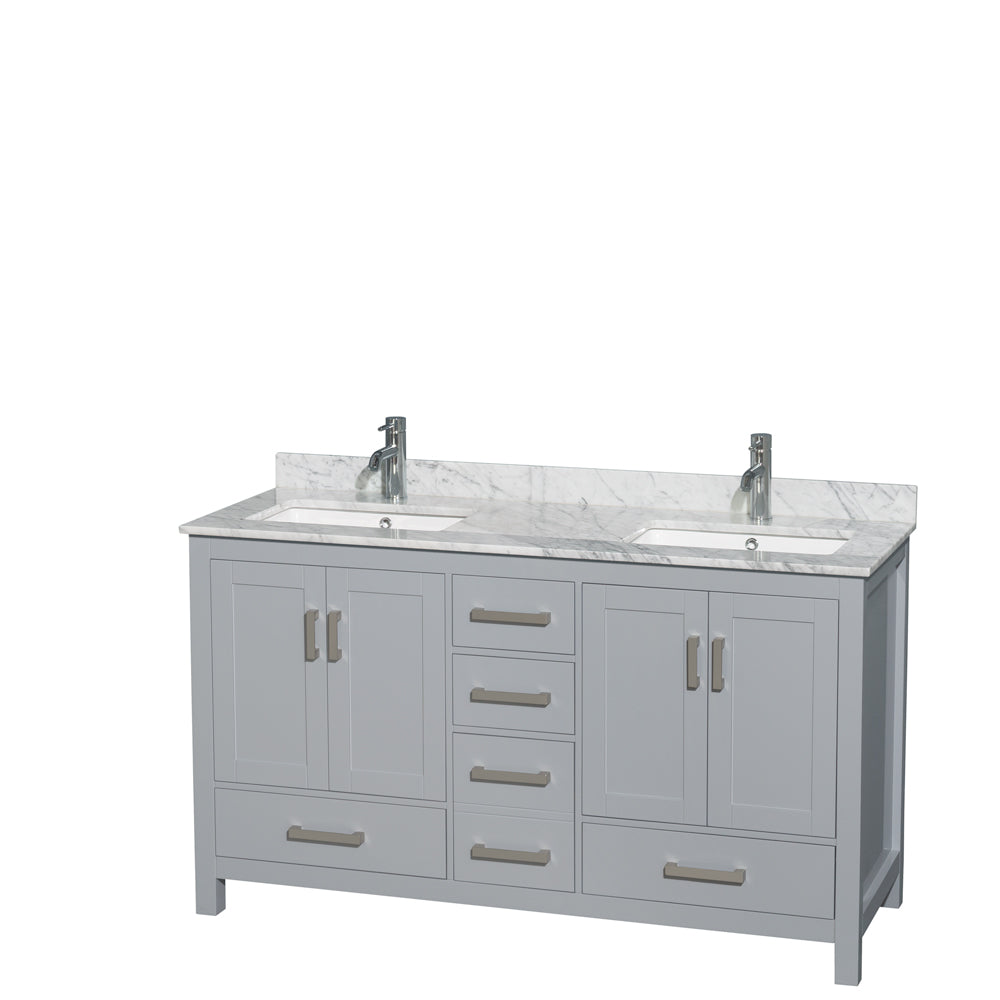 Sheffield 60 inch Double Bathroom Vanity in Gray, White Carrara Marble Countertop, Undermount Square Sinks, and No Mirror