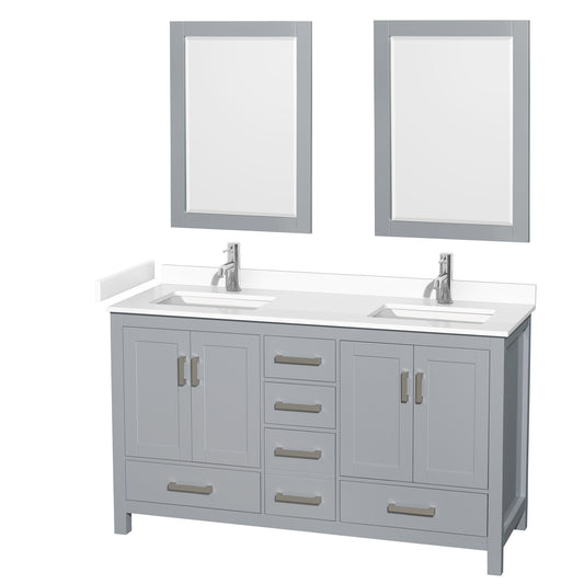 Sheffield 60" Double Vanity in Gray, White Marble Top, Square 24" Mirrors