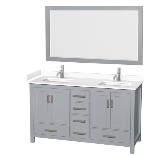 Sheffield 60" Double Vanity in Gray, White Marble Top, Square 58" Mirror