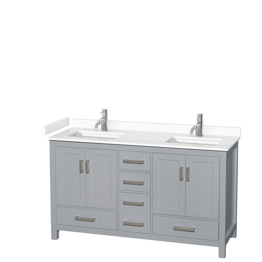 Sheffield 60" Double Vanity in Gray, White Cultured Marble Top, Square No Mirror