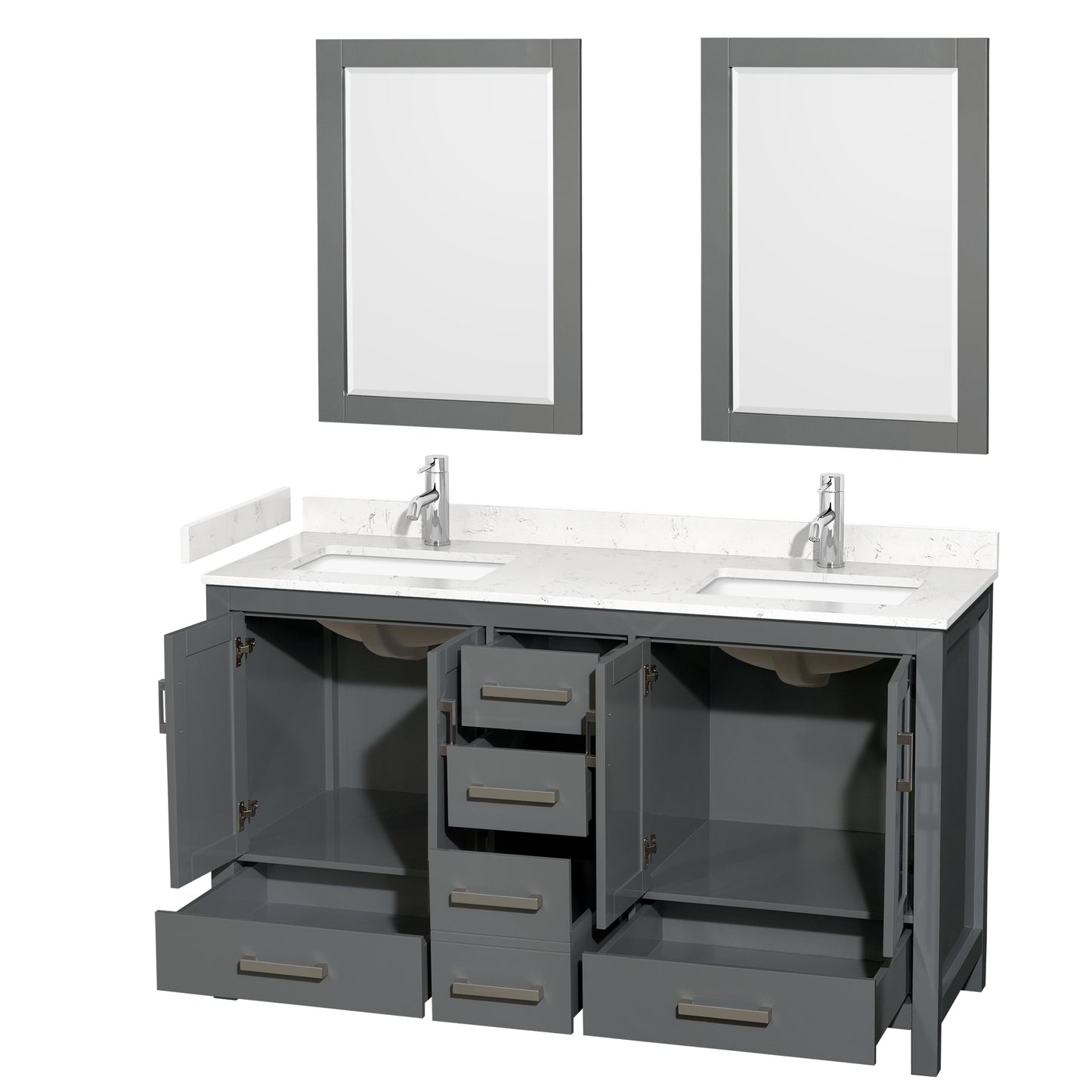 Sheffield 60" Double Vanity in Dark Gray, Carrara Marble Top, Square 24" Mirrors