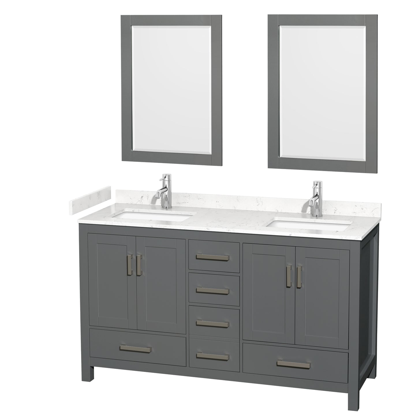 Sheffield 60" Double Vanity in Dark Gray, Carrara Marble Top, Square 24" Mirrors