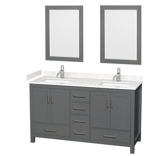 Sheffield 60" Double Vanity in Dark Gray, Carrara Marble Top, Square 24" Mirrors