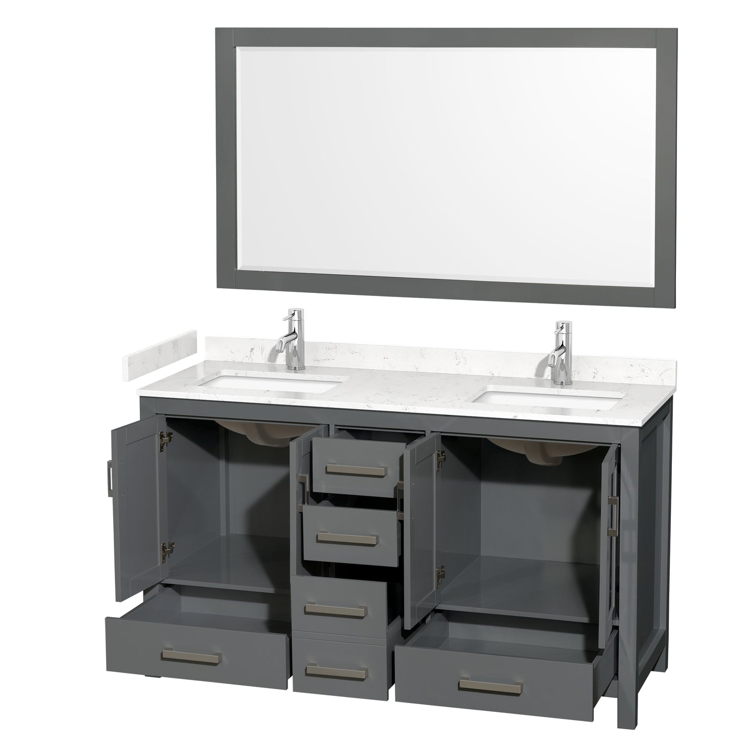 Sheffield 60" Double Vanity in Dark Gray, Carrara Marble Top, Square 58" Mirror