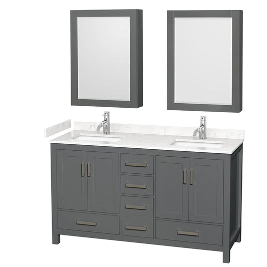 Sheffield 60" Double Vanity in Dark Gray, Carrara Marble Top, Medicine Cabinets