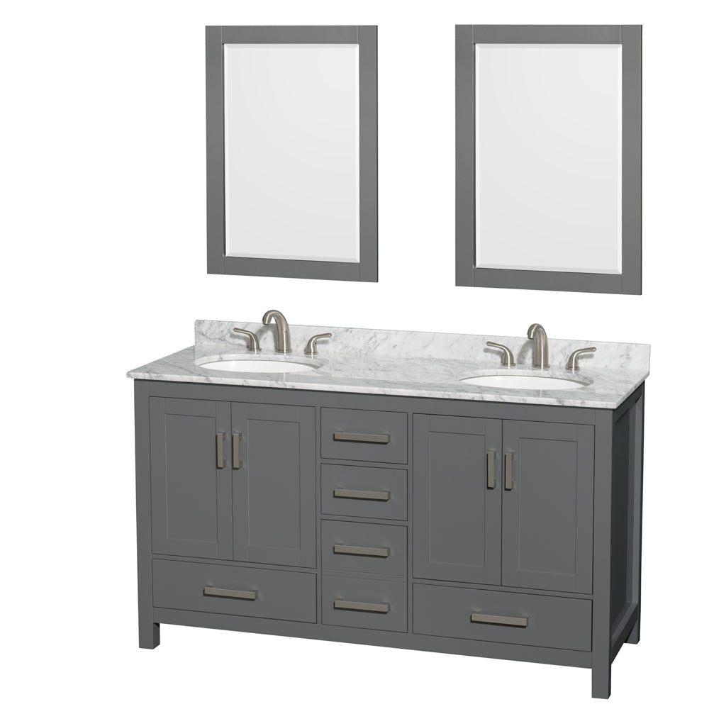 Sheffield 60 inch Double Bathroom Vanity in Dark Gray, White Carrara Marble Countertop, Undermount Oval Sinks, and 24 inch Mirrors