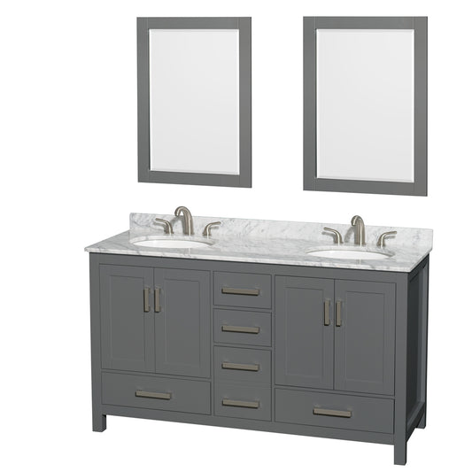 Sheffield 60" Double Vanity in Dark Gray, Top, Oval Sinks, 24" Mirrors