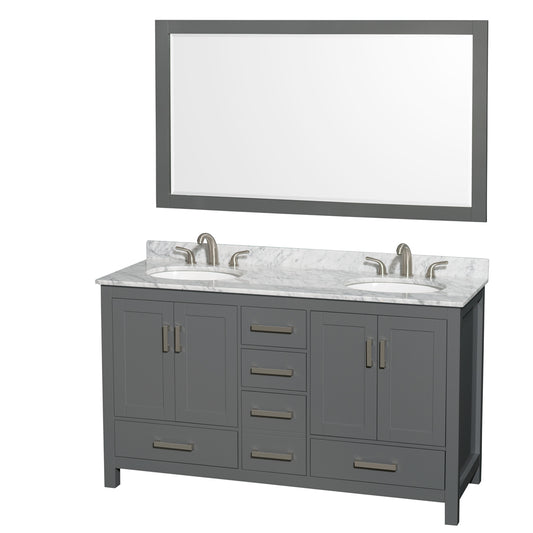 Sheffield 60 inch Double Bathroom Vanity in Dark Gray, White Carrara Marble Countertop, Undermount Oval Sinks, and 58 inch Mirror