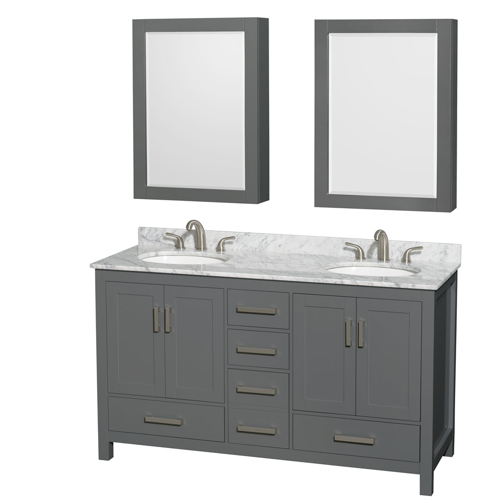 Sheffield 60 inch Double Bathroom Vanity in Dark Gray, White Carrara Marble Countertop, Undermount Oval Sinks, and Medicine Cabinets