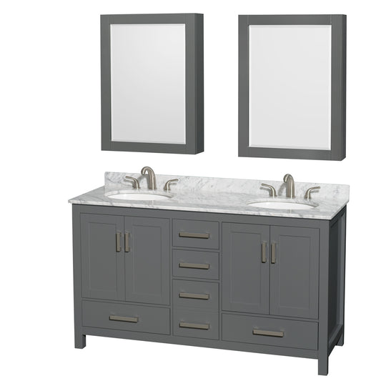 Sheffield 60" Double Vanity in Dark Gray, Top, Oval Sinks, Medicine Cabinets