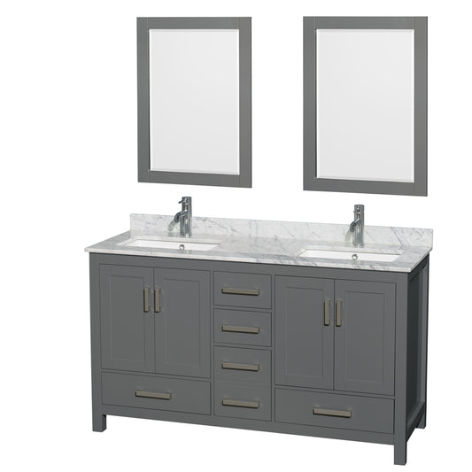 Sheffield 60 inch Double Bathroom Vanity in Dark Gray, White Carrara Marble Countertop, Undermount Square Sinks, and 24 inch Mirrors