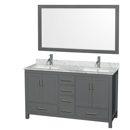 Sheffield 60 inch Double Bathroom Vanity in Dark Gray, White Carrara Marble Countertop, Undermount Square Sinks, and 58 inch Mirror