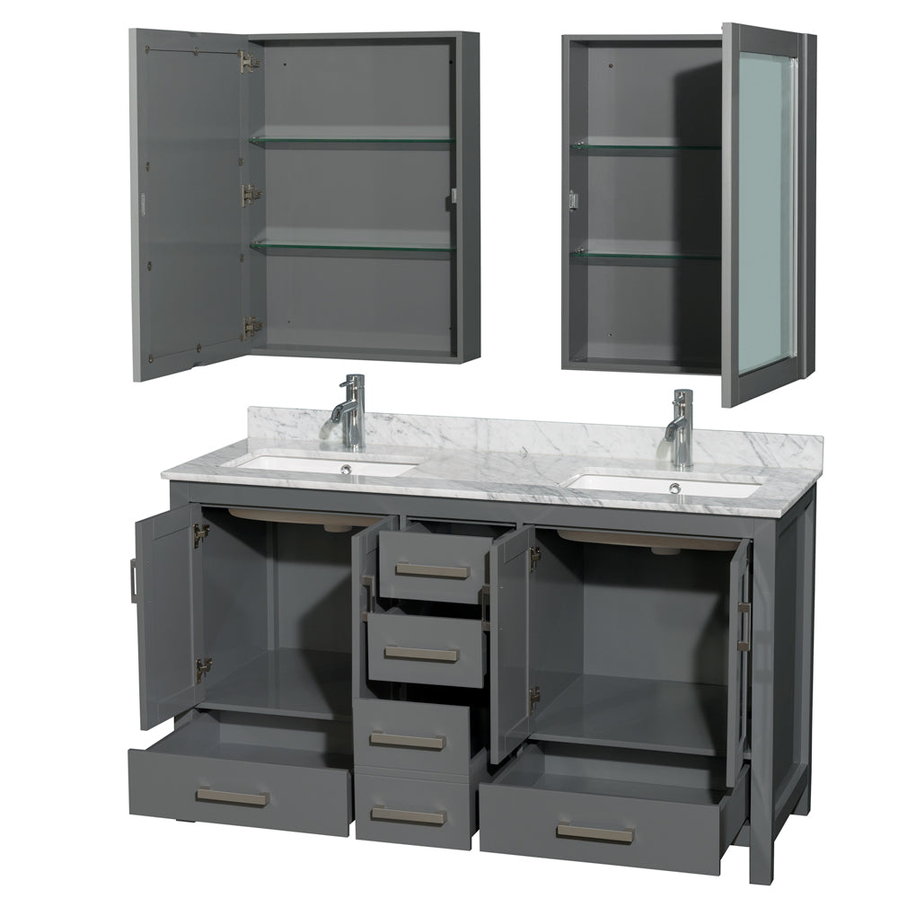Sheffield 60" Double Vanity in Dark Gray, Top, Square Sinks, Medicine Cabinets