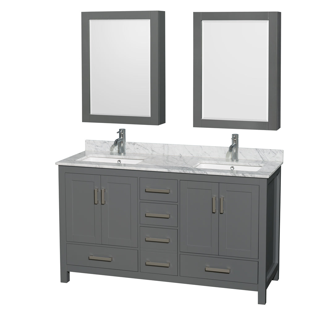 Sheffield 60 inch Double Bathroom Vanity in Dark Gray, White Carrara Marble Countertop, Undermount Square Sinks, and Medicine Cabinets