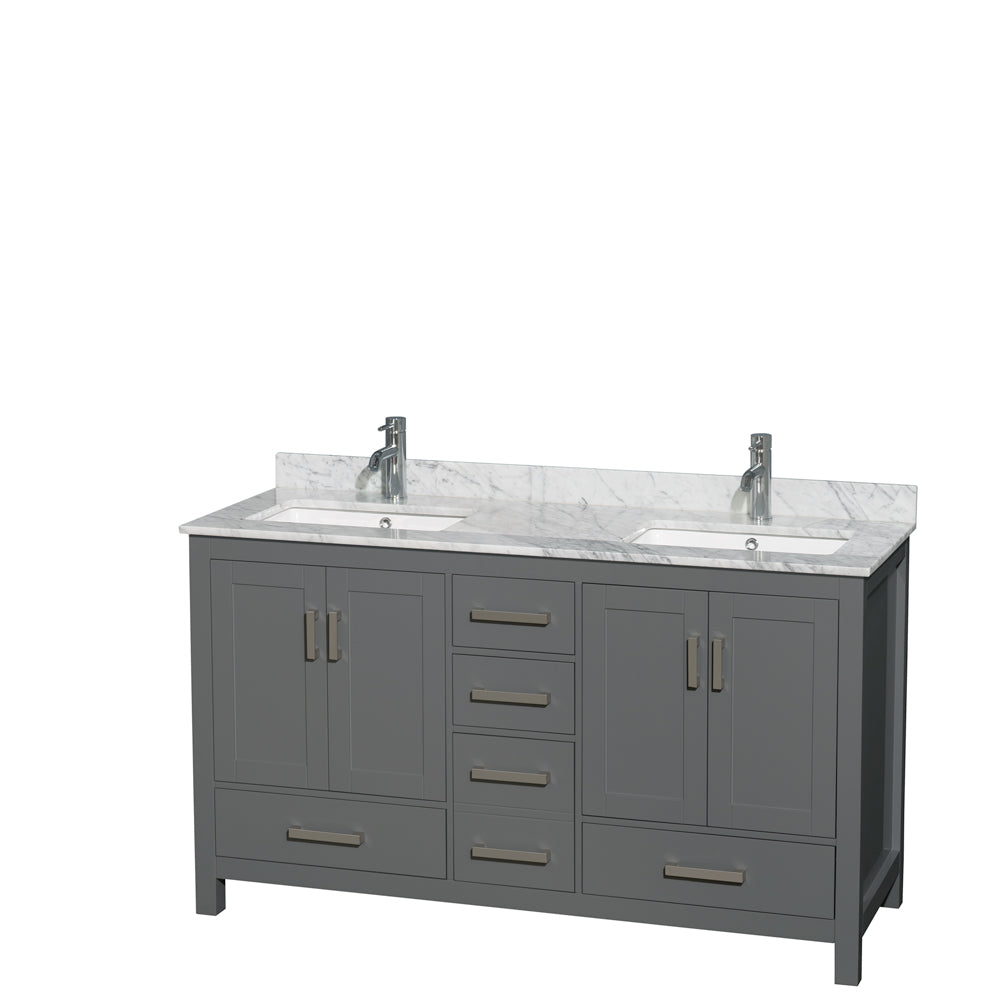 Sheffield 60 inch Double Bathroom Vanity in Dark Gray, White Carrara Marble Countertop, Undermount Square Sinks, and No Mirror