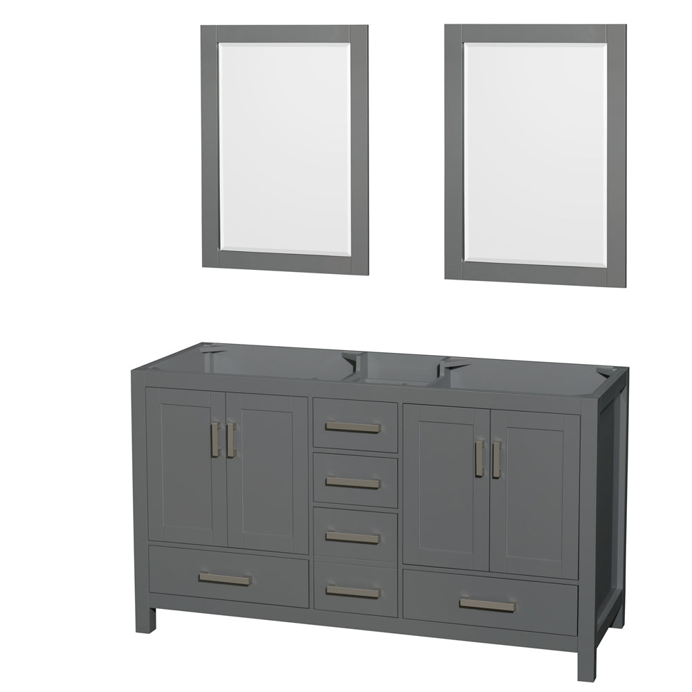 Sheffield 60 inch Double Bathroom Vanity in Dark Gray, No Countertop, No Sinks, and 24 inch Mirrors