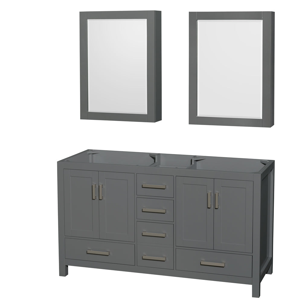 Sheffield 60 inch Double Bathroom Vanity in Dark Gray, No Countertop, No Sinks, and Medicine Cabinets