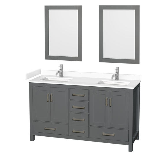 Sheffield 60" Double Vanity in Dark Gray, White Marble Top, Square 24" Mirrors