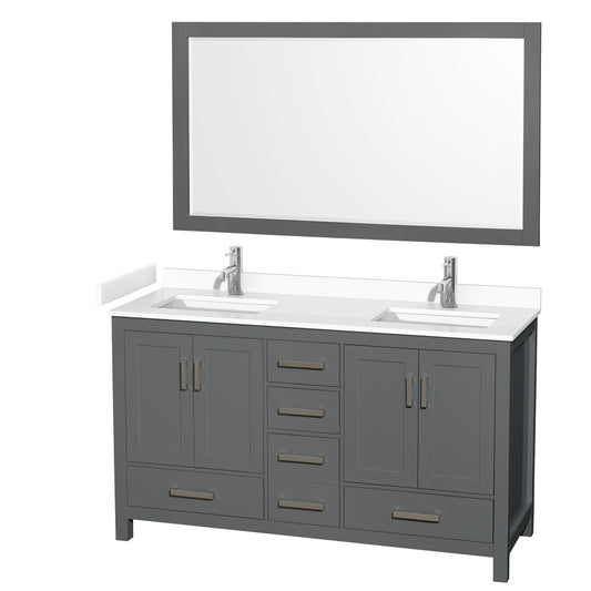 Sheffield 60" Double Vanity in Dark Gray, White Marble Top, Square 58" Mirror