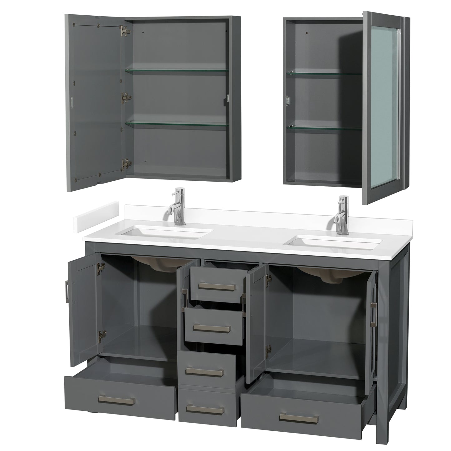Sheffield 60" Double Vanity in Dark Gray, White Marble Top, Medicine Cabinets