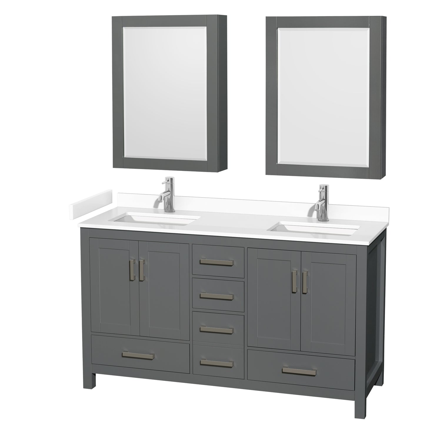 Sheffield 60" Double Vanity in Dark Gray, White Marble Top, Medicine Cabinets