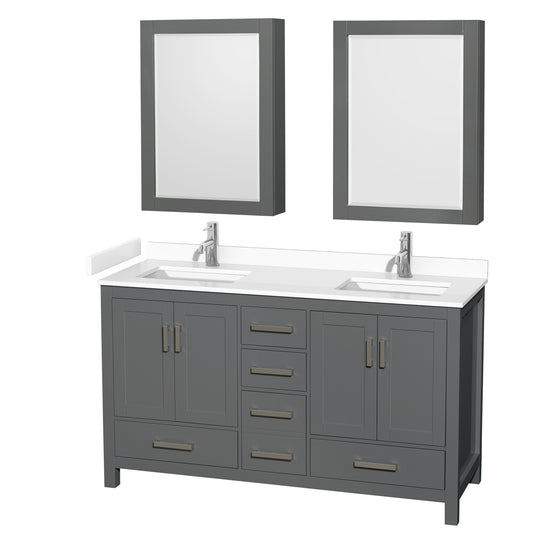 Sheffield 60" Double Vanity in Dark Gray, White Marble Top, Medicine Cabinets