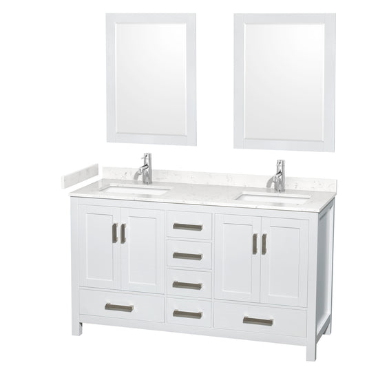 Sheffield 60" Double Vanity in White, Carrara Marble Top, Square 24" Mirrors