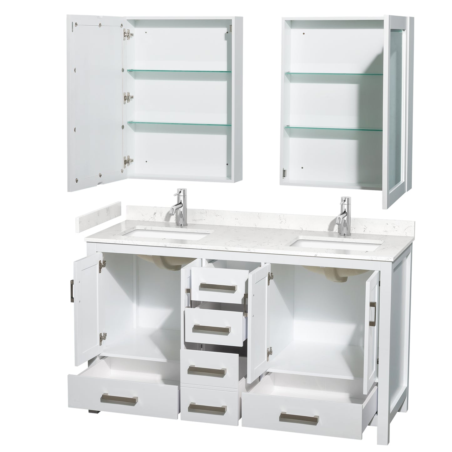 Sheffield 60" Double Vanity in White, Carrara Marble Top, Medicine Cabinets