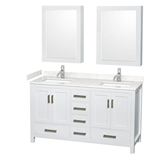 Sheffield 60" Double Vanity in White, Carrara Marble Top, Medicine Cabinets