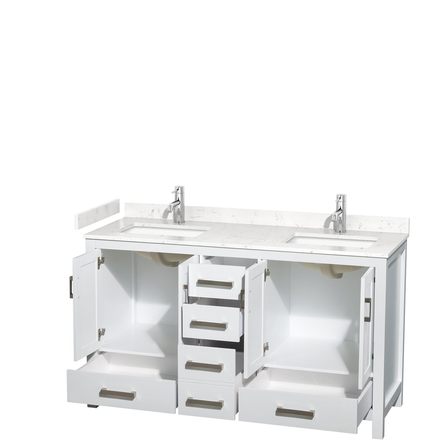 Sheffield 60" Double Vanity in White, Carrara Marble Top, Square No Mirror
