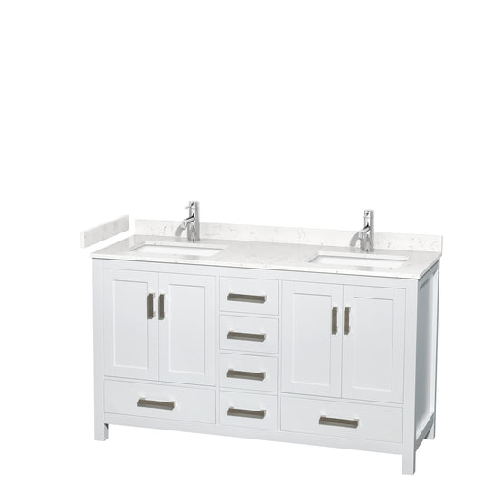 Sheffield 60" Double Vanity in White, Carrara Marble Top, Square No Mirror