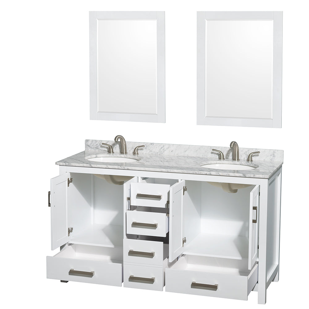 Sheffield 60" Double Vanity in White, Top, Oval Sinks, 24" Mirrors