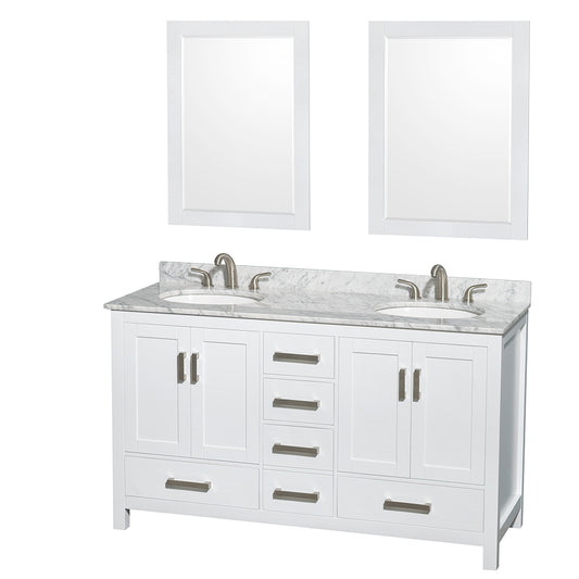 Sheffield 60 inch Double Bathroom Vanity in White, White Carrara Marble Countertop, Undermount Oval Sinks, and 24 inch Mirrors